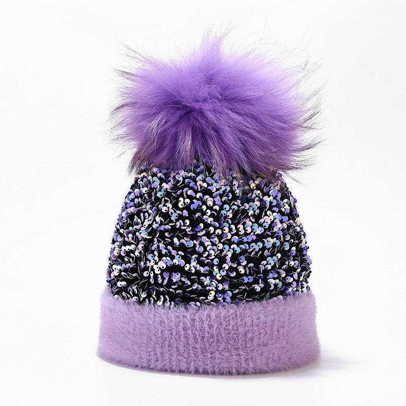 Wholesale Dyed Raccoon Fur Ball Sequin Warm Knitted Hat